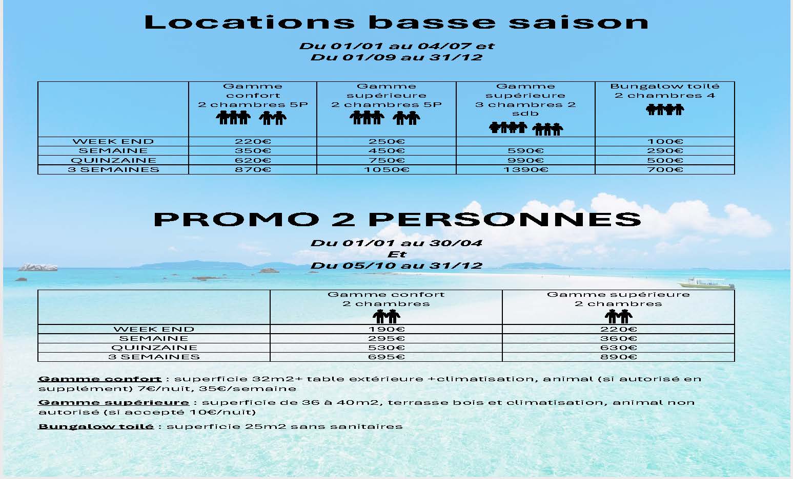 Tarifs locations 2026