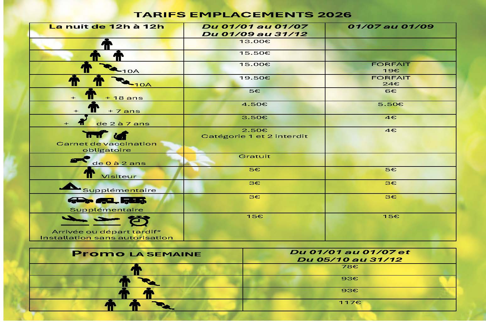 Tarifs emplacements 2026